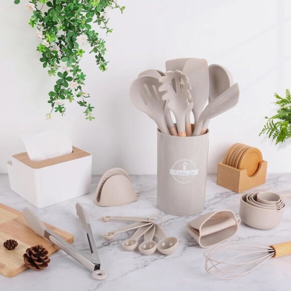 Kitchen Silicone Non-stick Wooden Handle Cooking Utensil Set of 24 PIECES - Picture 7 of 8